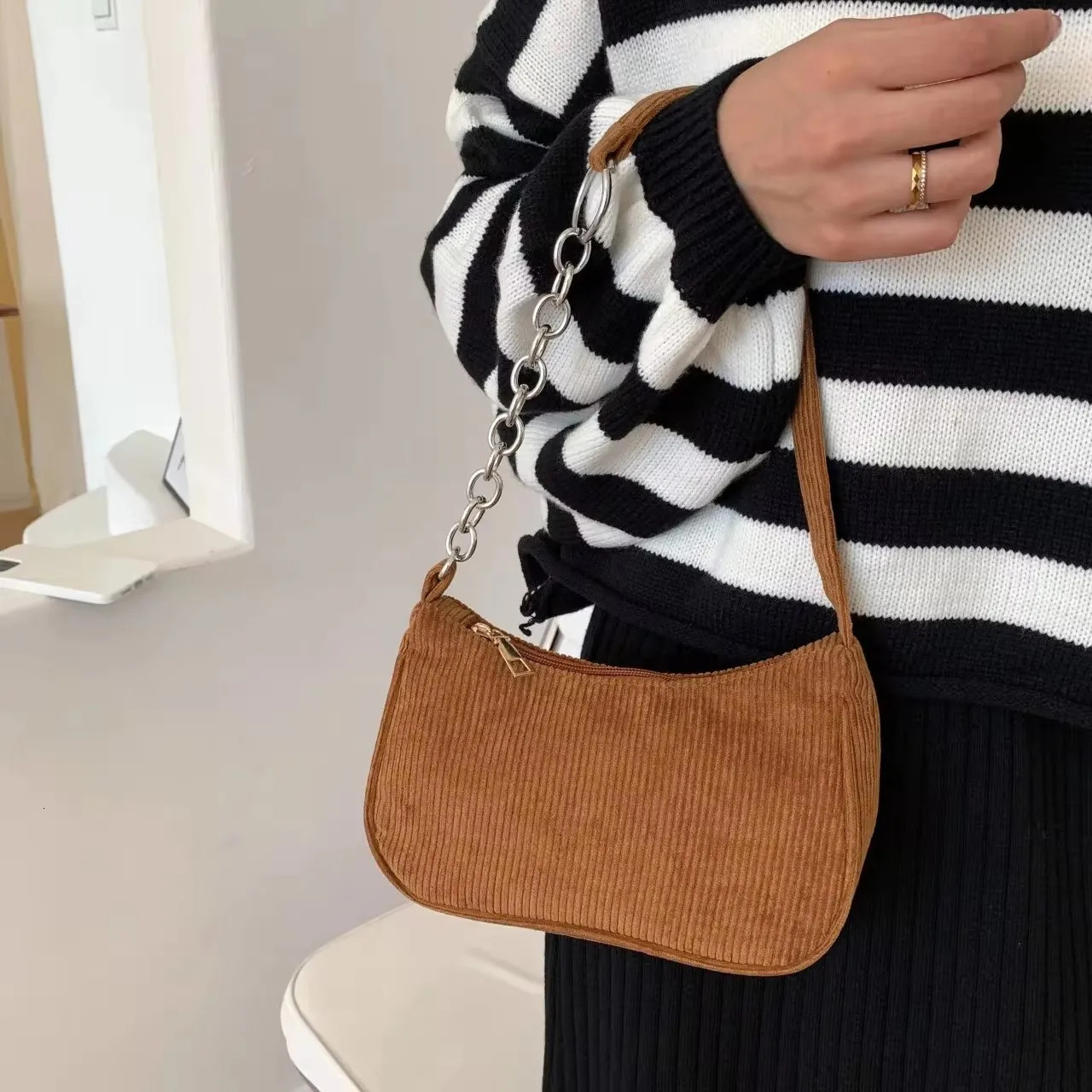 Fashion Vintage Women Handbags Corduroy Underarm Bag Casual Shoulder Bags Solid Color Zipper Female Handbag 250514