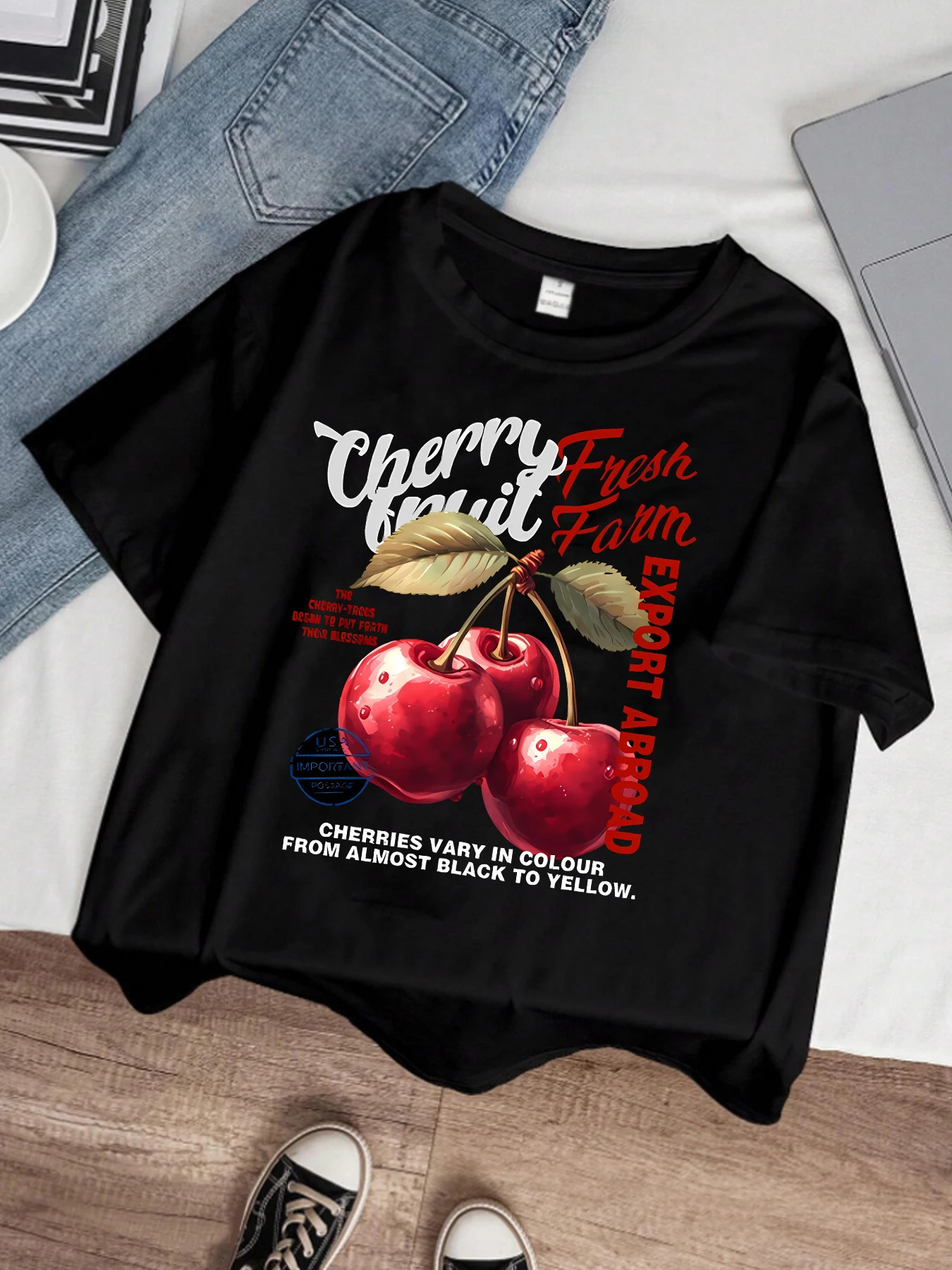 Art letters and cherry pattern round neck plus size women Tshirt short sleeve trend printing elastic half 250514