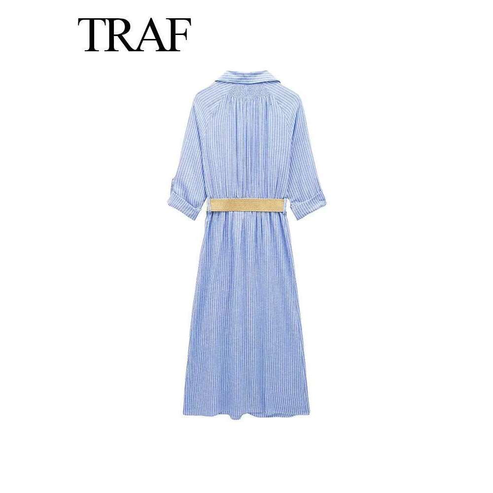 TRAFZA New Woman Blue Striped Chic Long Sleeve Dress Office Lady With Belt Midi Dresses Casual Loose Holiday Mujer Vestidos