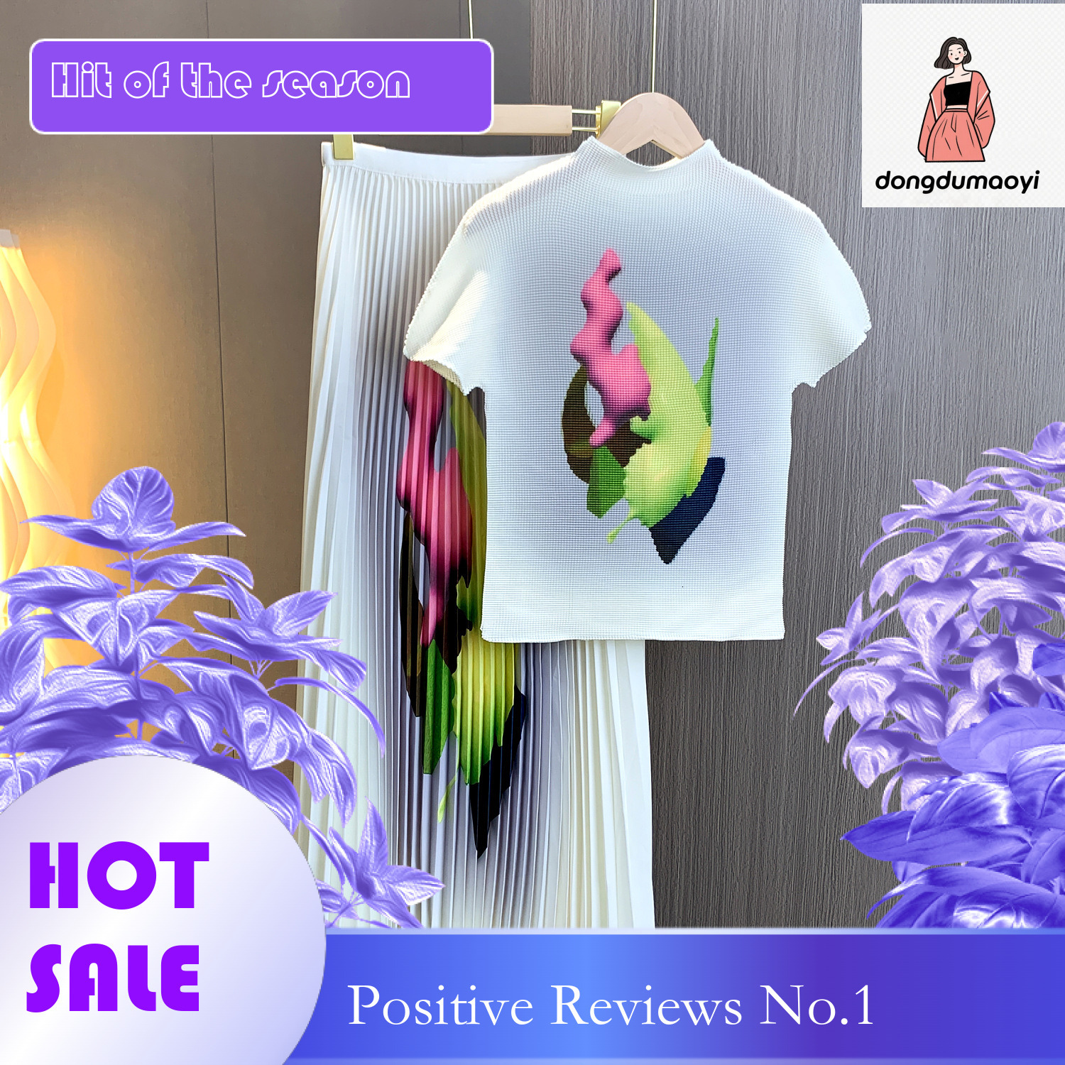 dongdumaoyi European high-end fashion casual pleated for women's 2024 summer new printed T-shirt, half skirt two-piece set