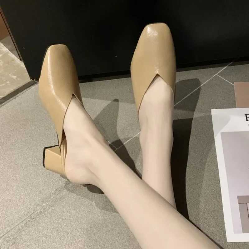 Baotou Half Slippers Women 2024 Summer New Outer Wear Fashion Solid Color Square Toe Thick Heel High-heeled Womens Shoes W250514
