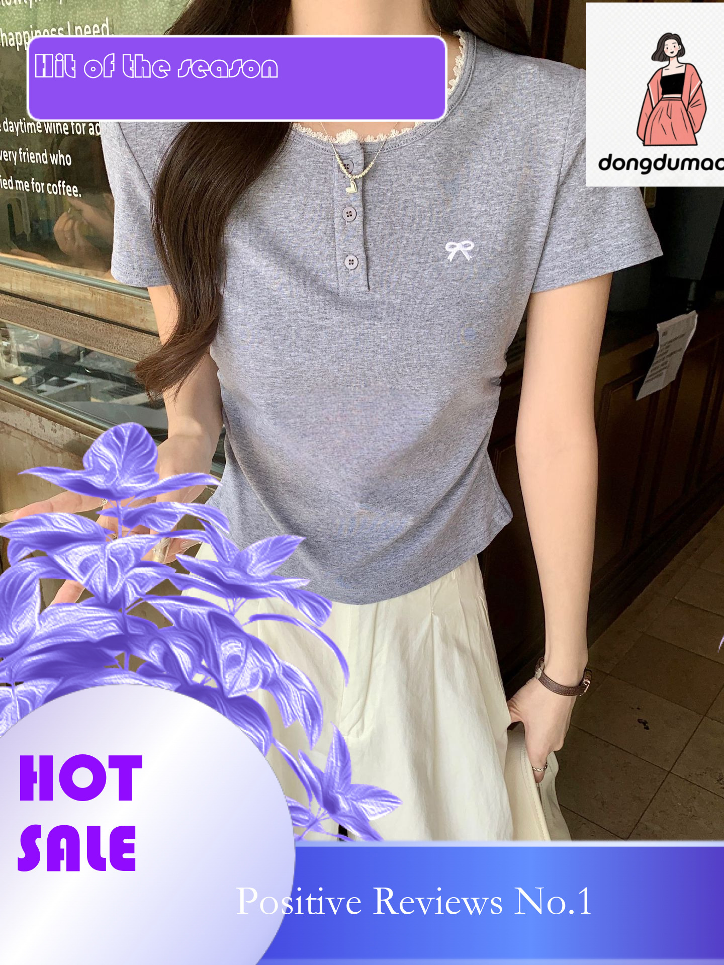 dongdumaoyi Grey lace shoulder sleeved T-shirt for women's summer 2025 new style pleated waistband bow short top