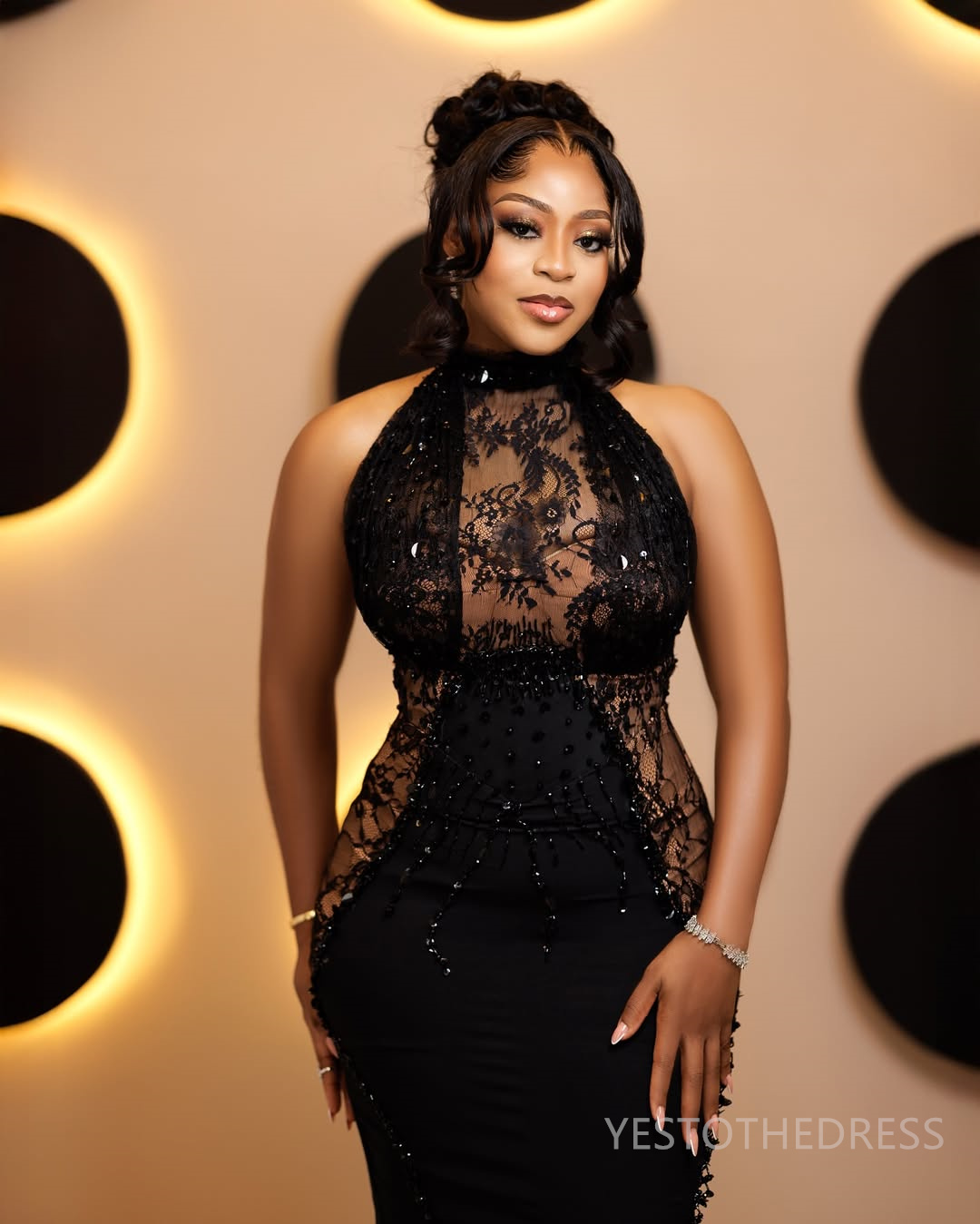 2025 Plus Size Black Aso Ebi Prom Dress Mermaid Prom Dresses Evening Formal Gowns Halter Floor Length Sheath Beaded Lace Birthday Dress Second Recepti