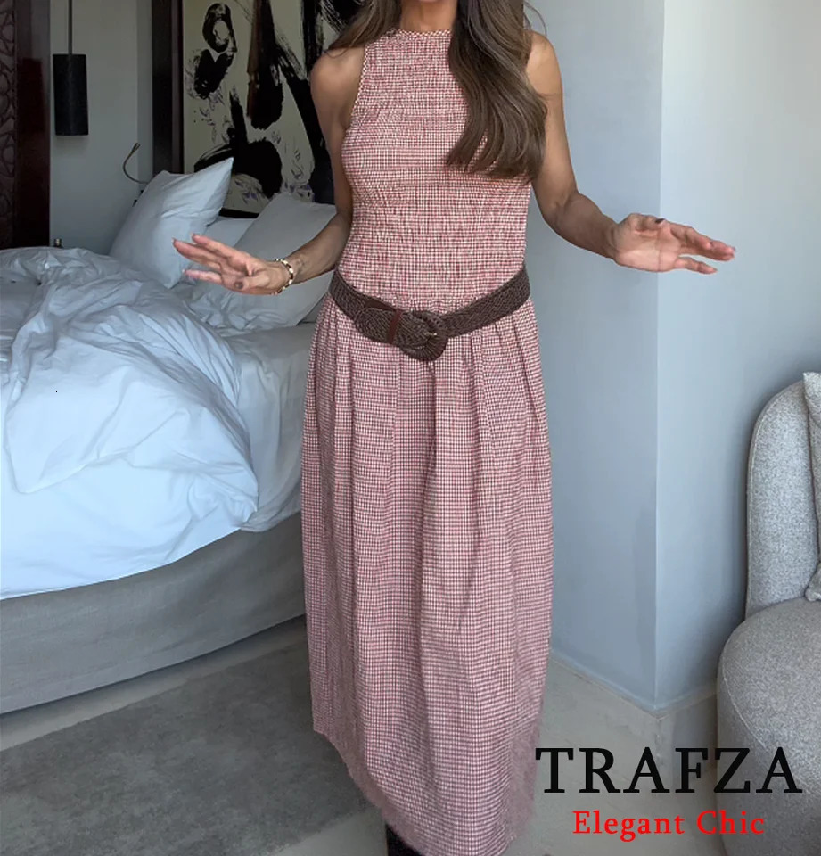 TRAFZA Women Elegant Plaid Vest Dress Sleeveless Stretch Bust Long Summer Fashion Romantic Vacation 250514