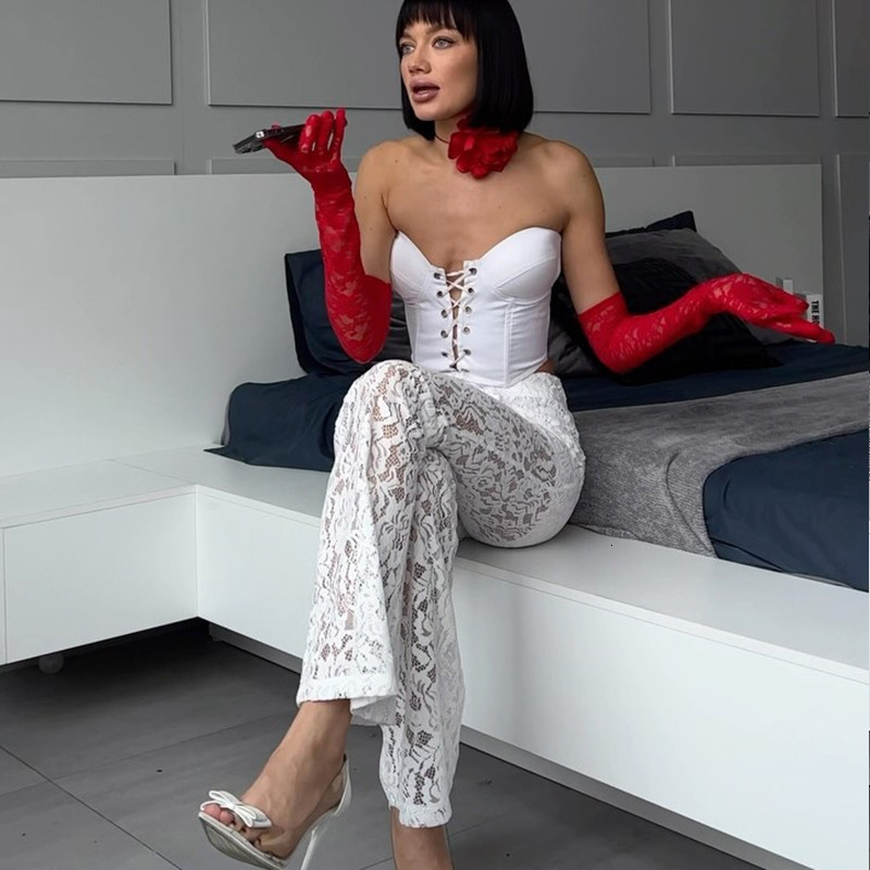 Spring 2024 ins style sexy hot girl high waist splicing mesh micro flared pants women lace