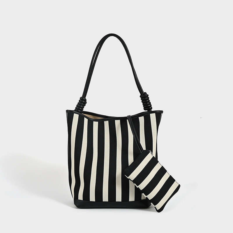 Women's Bags Designer Black And White Striped High-End Water Bucket Large Capacity Elastic Woven Fabric Mother Bag, New Commuting Hand-Held Shoul