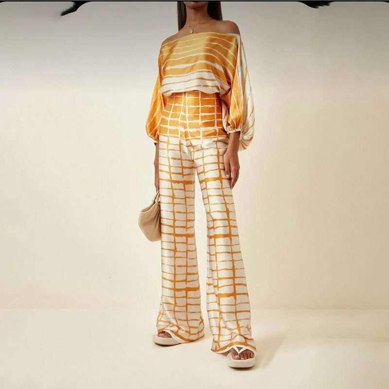 2025 New Loose Bat Sleeve Top Wide Leg Pants Fashion Set Womens Two Piece Set Gentle Wind High Elasticity Washable Printing Fashion New Pattern New Ar