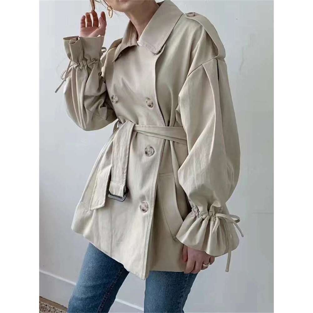 REALEFT New Autumn Winter Khaki Minimalist Women's Coat Sashes Windbreaker Loose Flare Sleeve Double Breasted Trench