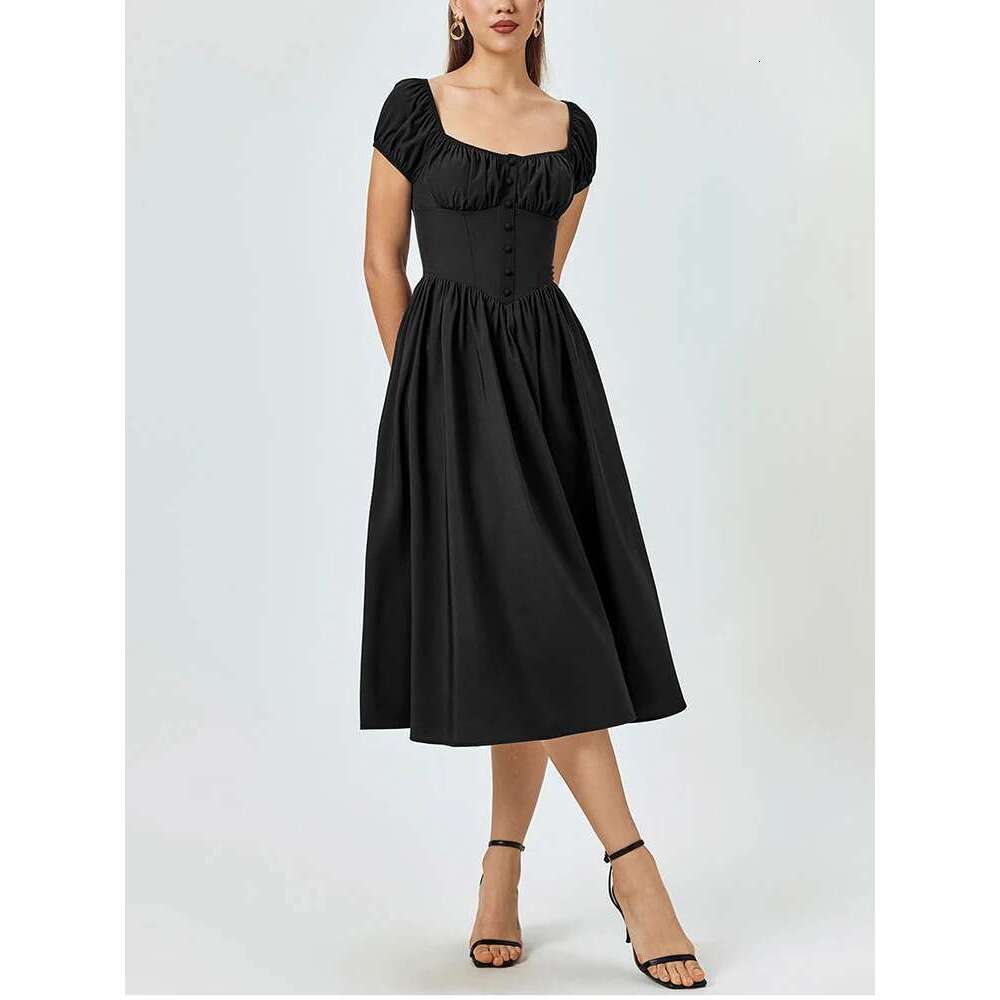 NewAsia Women's Short Sleeves Square Neck Midi Corset Dress Flowy Swing A line Fashion Casual Long Dresses Navy Summer