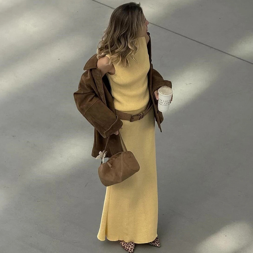 Tuularose Elegant Long Skirt Two-piece Set Womens Sleeveless Knitted Turtleneck Vest Slim Skirt Set 2025 Fashion Skirt Set 250513