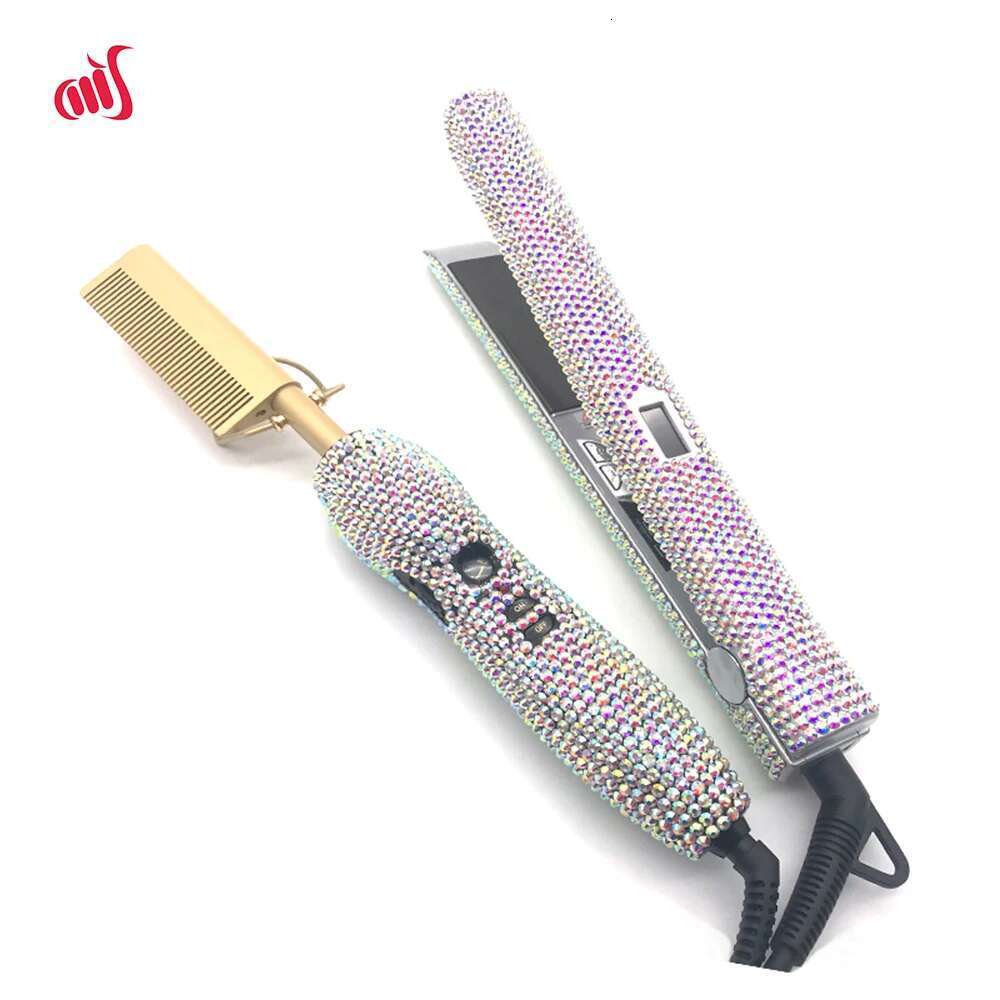 Hair Straightener and Hot Comb Set with Rhinestone High Heat Flat Iron straighter Combo peigne chauffant lisseur Lisseur Cheveux