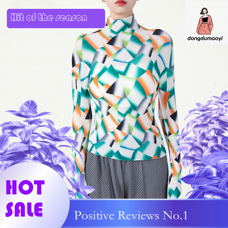 dongdumaoyi Spring 2024 pleated high-end top, three bedroom long sleeved semi high neck, slim fit and slimming printed base shirt, women's t-shir