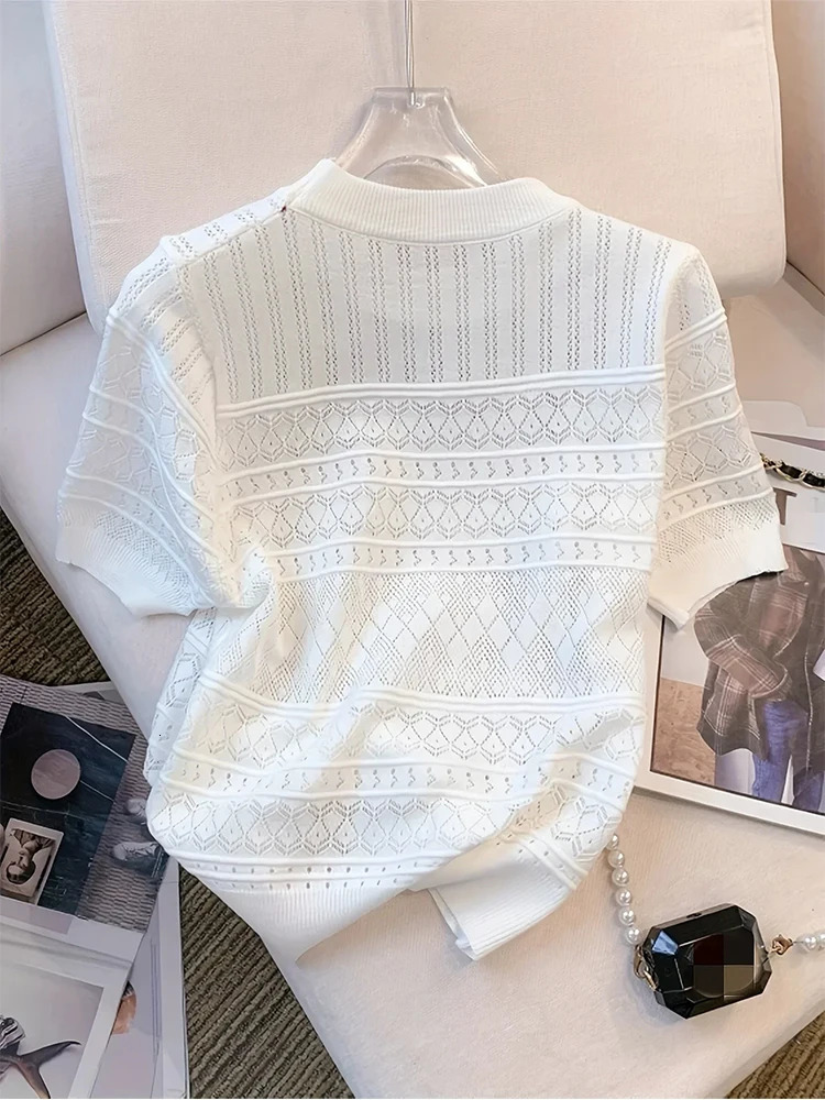 HELIAR Women Hollow Out Knitted Tshirt Sweet Thin Short Sleeve Crop Top Solid Oneck Tees Summer Beach Holiday Pullover 250514