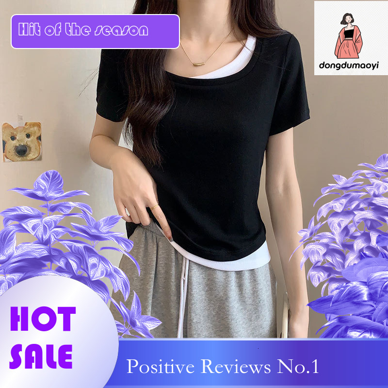 dongdumaoyi Short square neck slimming T-shirt for women's short sleeved 2025 summer new item, fake two-piece spliced front shoulder pure desire 
