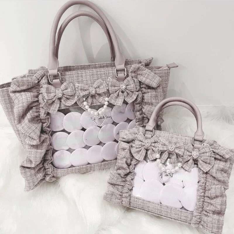 Sweet Y2k Aesthetic Transparent Bow Ita Bag Casual Chic Ruffle Fashion Women's Handbags All Match Kawaii Shoulder Crossbody Bags