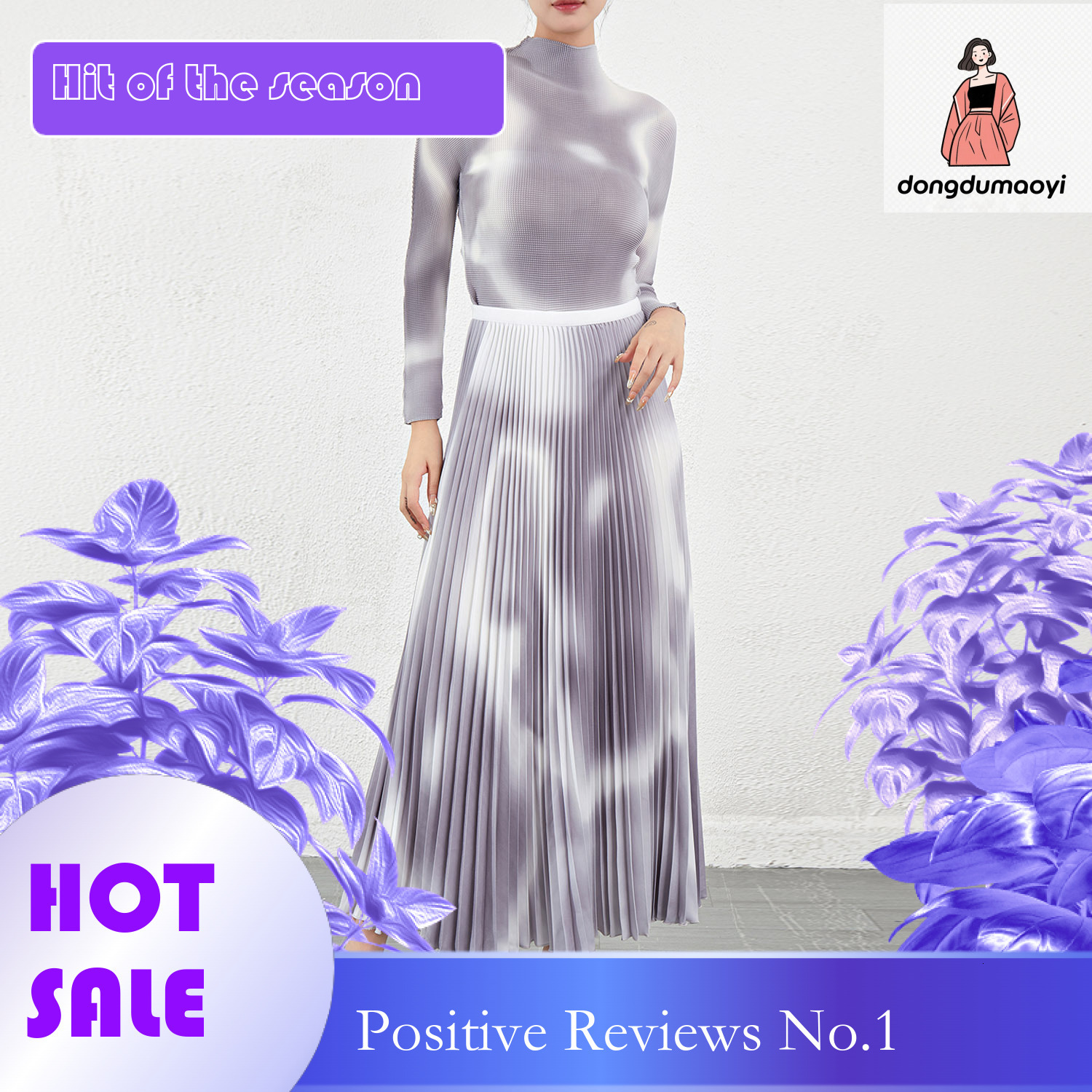 dongdumaoyi Miyake printed semi high neck T-shirt for women's autumn outfit, high-end and fashionable half skirt base two-piece set