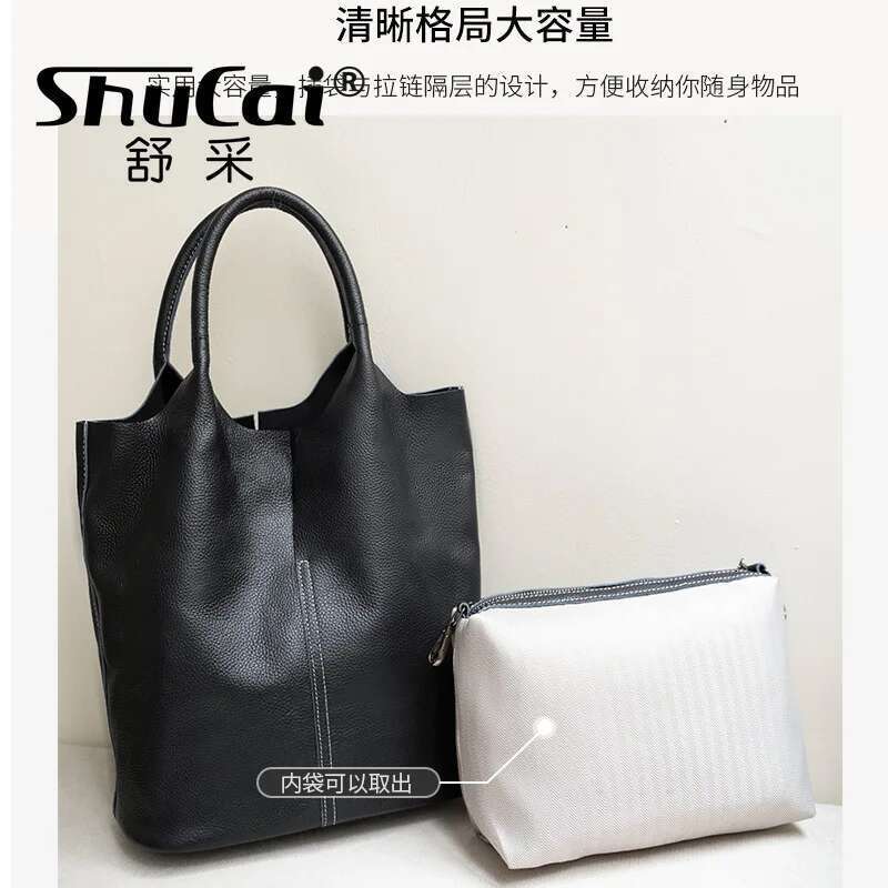 Genuine Leather Commuter Simple Ladies Soft Cowhide Tote Shoulder Handbag Large Capacity Women Bucket Bag 2025 New