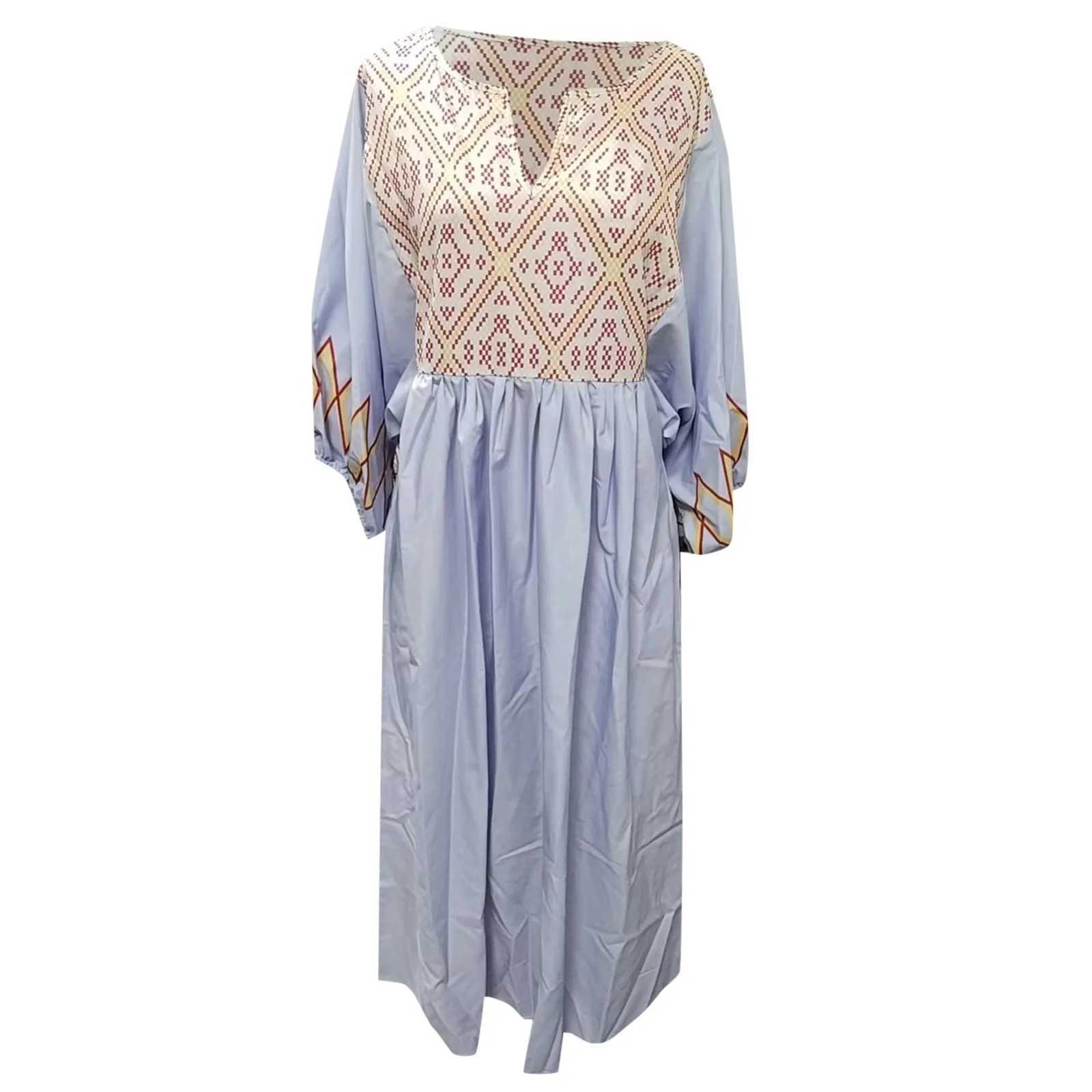 Womens Ethnic Retro Geometric Print Long Dress Spring 3/4 Lantern Sleeve A-Line Party Dress Summer V Neck Loose Beach Boho DressXJ250514