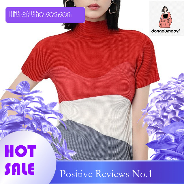 dongdumaoyi Folding women's shirts in small batches, Miyake super elastic corn pleated stand up collar printed T-shirt tops