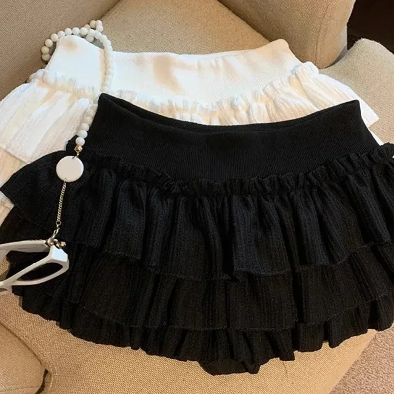 Kawaii Puffy Cake Skirts Women Korean Fashion Ruched Ruffle Mini Skirt Female Summer Harajuku Casual Elastic Waist Solid 250514