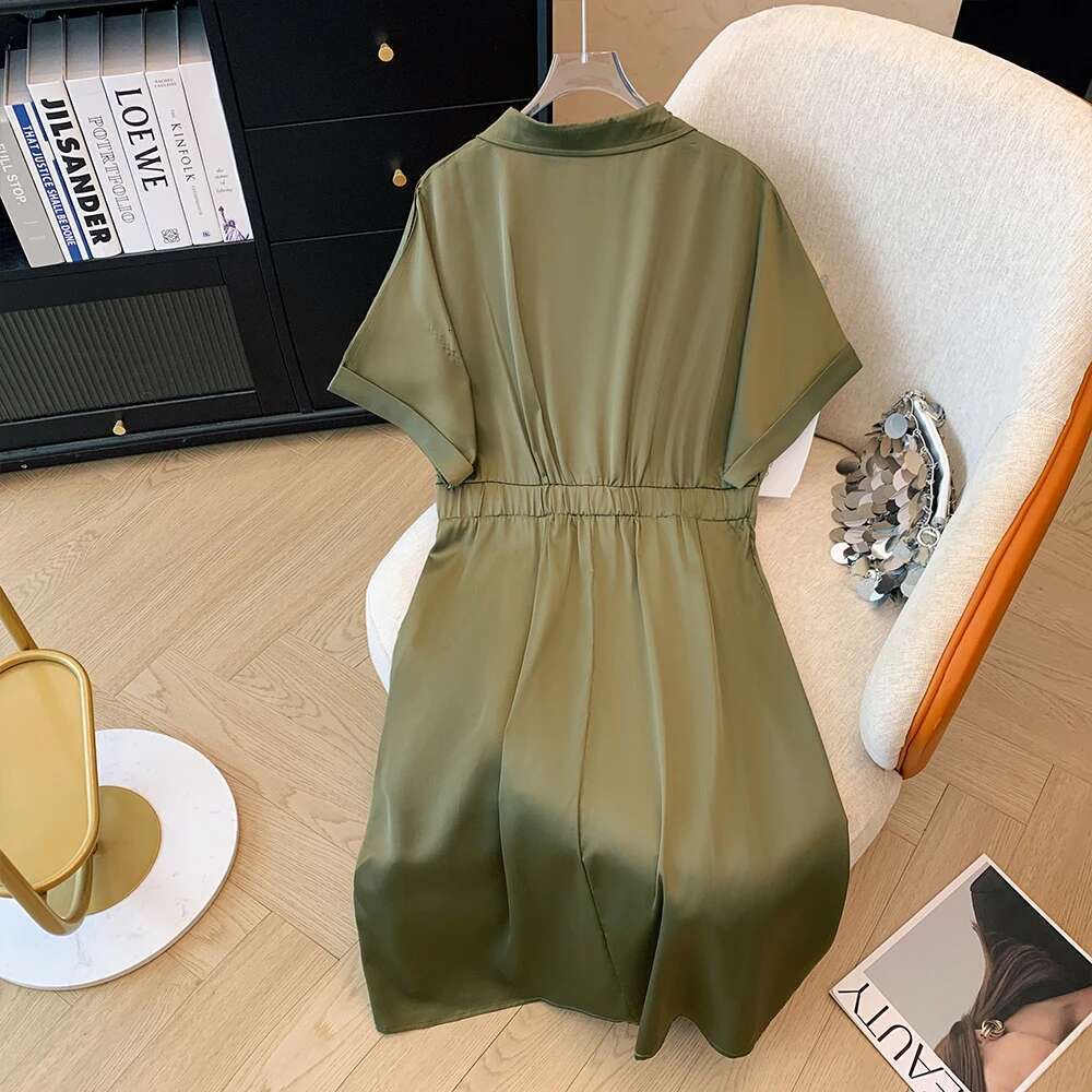 Summer Plus Size Women's v-neck elastic waist loose short-sleeved dress simple commuter office shirt mid-length dresses