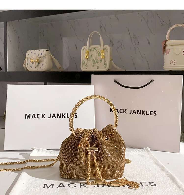Evening Gold Dia Clutch Wedding Party Designer Shiny Rhinestone Bucket Purse Women Handbag Shoulder Messenger Bag