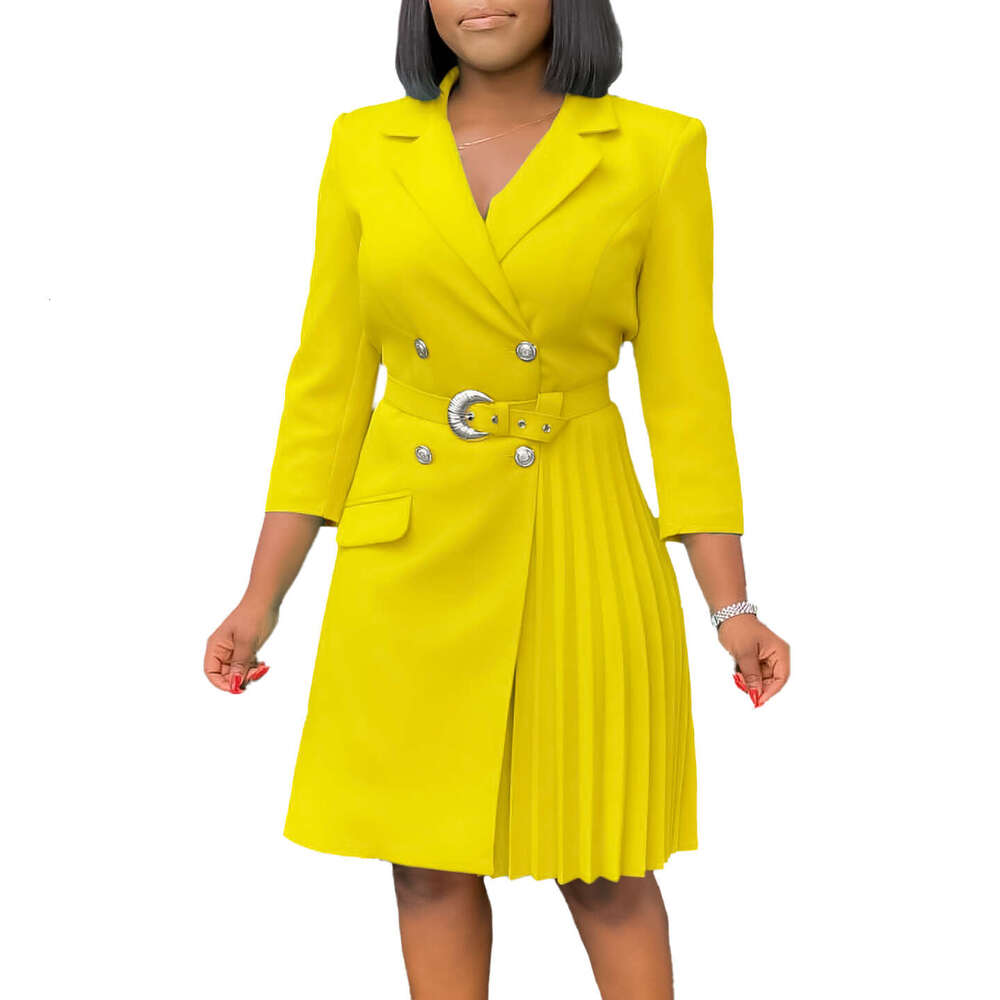 Women's Wear New High Waisted Fashionable Cinching Waist Pleating Splicing Mid Length Suit Dress