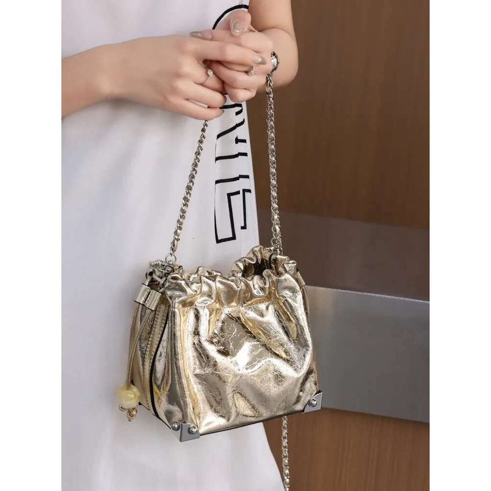 Spring Summer Women Drawstring Small Bucket Cow Split Leather Chain Bag Casual Handbag Ladies Single Shoulder Crossbody Bags