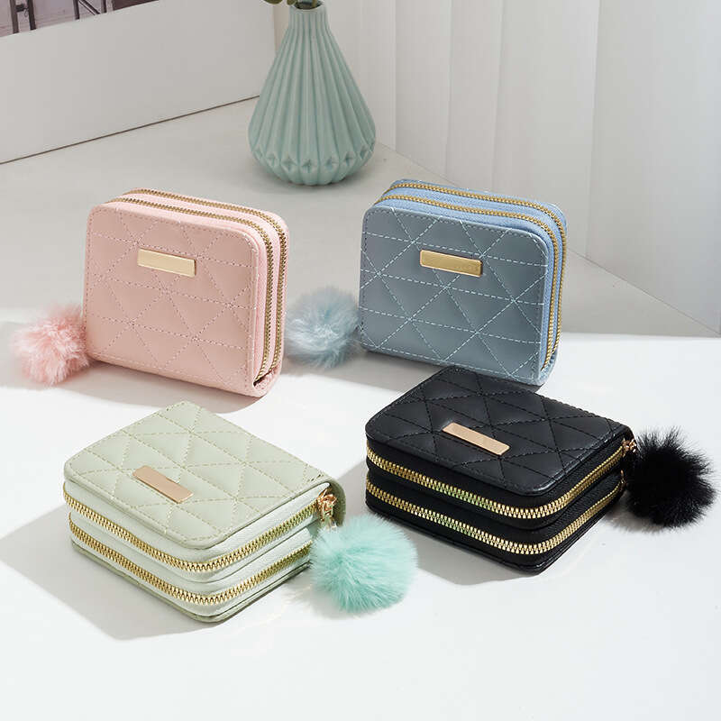 Small Hair Ball Bag New Double-Layer Wallet Dia Grid Texture Iron Label Women's Short Handheld Coin Purse