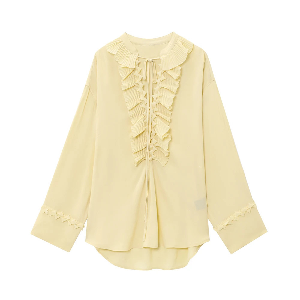 Age Reduction Light Yellow V Neck Long Sleeves Stacked Shirt High Waist Long Skirt Women Suit Set ZATAF 2025 Spring 250513