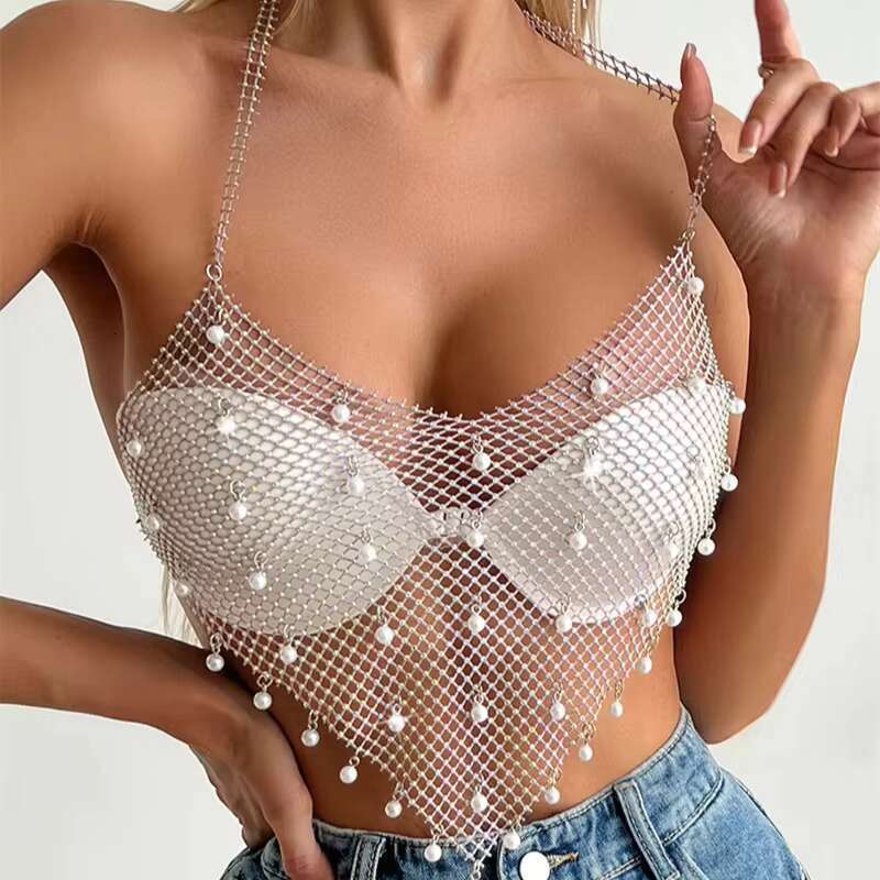 Women Sexy Sheer Mesh Metal Chain Pearl See Through Backless Night Club Halter Tops Beading Crop Top