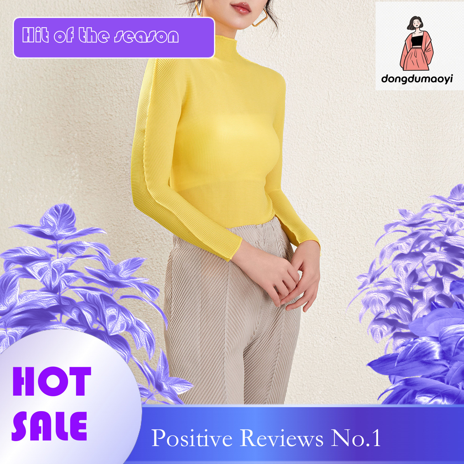 dongdumaoyi Miyake Me series pleated semi high neck long sleeved top T-shirt spring, slim fit and slimming, solid color base shirt for women