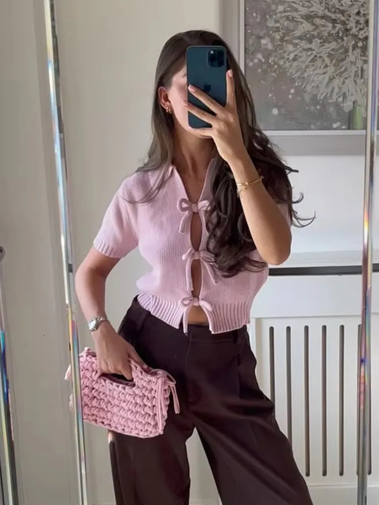 Chic Bow Knitted Short Texture Top Women Fashion Turn Down Collar Hollow Cardigan Knitwear Summer Shortsleeved Tops 250514