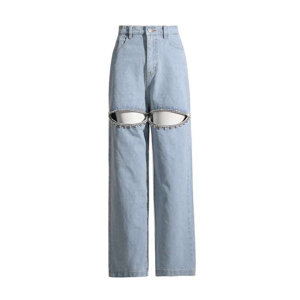 Patchwork Dias Hollow Out Casual Jeans For Women High Waist Spliced Pockets Loose Straight Denim Wide Leg Pants Female