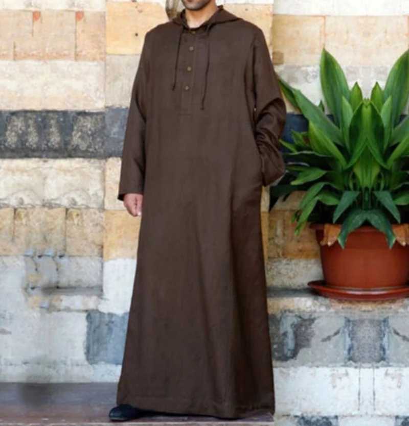 Mens Muslim Robes Saudi Arabia Juba Islamic Kafatan Casual Loose Robe Shirt Solid Color Long Sleeve Hooded Button Pocket Robe X250514