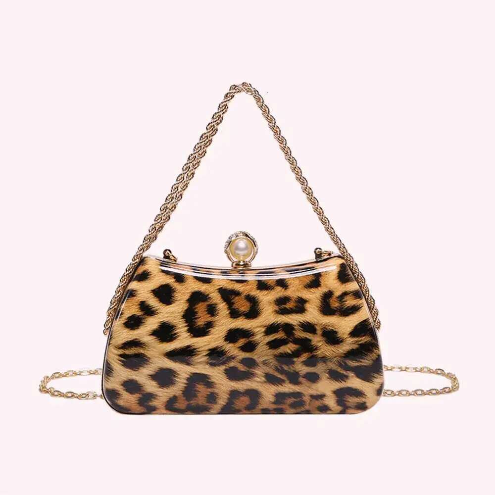 Women Handbag Leopard Shoulder Bag Chain Clutch Purse Rhinestone Top Handle Satchel For Wedding Party Prom