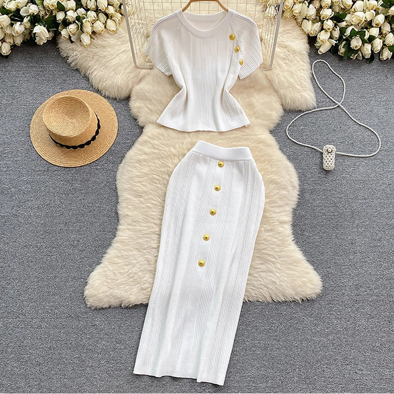 HELIAR Elegant Knitted 2 Piece Sets ONeck Metal Buttons Short Sleeve Top and Elastic Skirts Set Casual Summer Women Outfits 250514