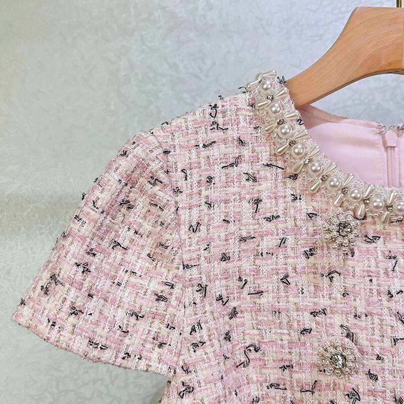 Tweed Dresses Women Summer Holiday Crystal Double Breasted Bodycon Pearl Chain Short Sleeve Evening Party Dress