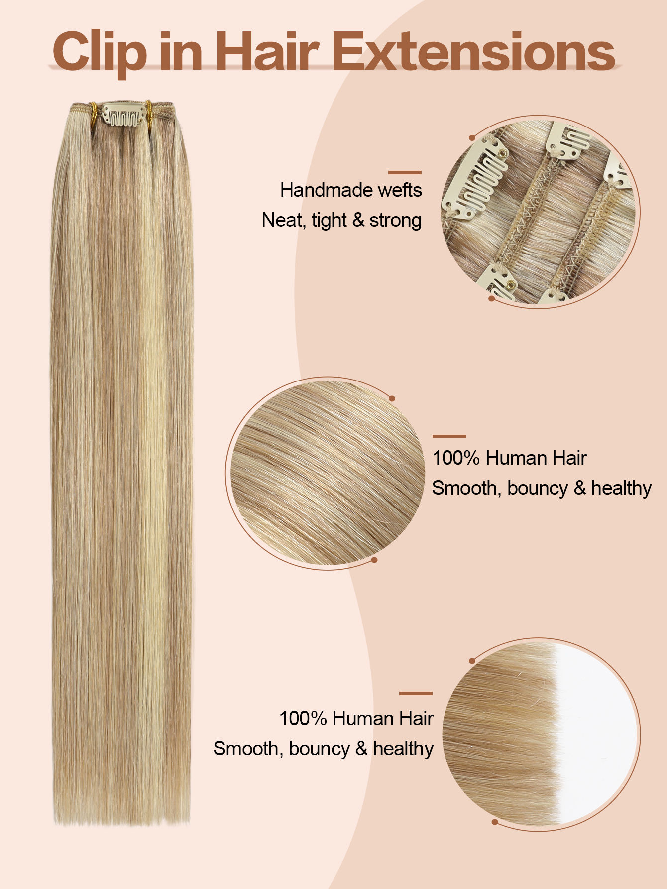 ViBESHiFT 14-20 Inch Hair Extensions Hair bundle Hair piece 100% Remy Human Hair Handmade Clip In Hair Extensions 7pcs 16 Clips Natural Styling for Wo