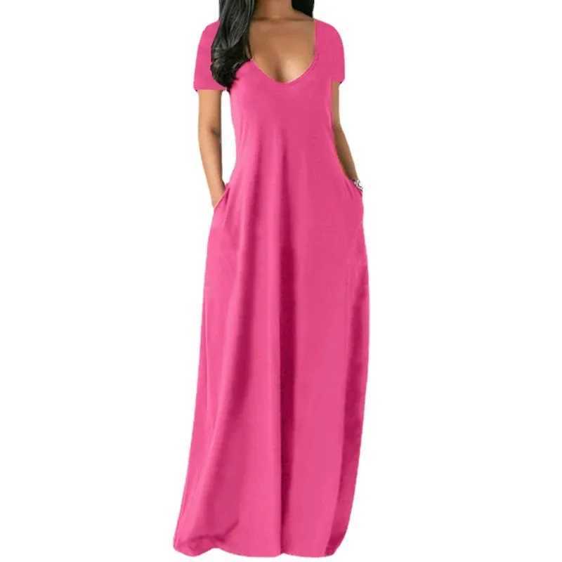Summer Sexy Pure Color V-Neck Short Sleeve Long Dress Womens plus Size Clothing Cross-Border Fashion Elegant Maxi DressXJ250514