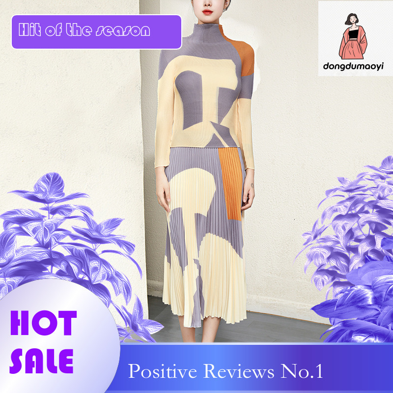 dongdumaoyi Printed base shirt pleated two-piece for spring and autumn new style long sleeved high-end feeling hanging half skirt women's top set