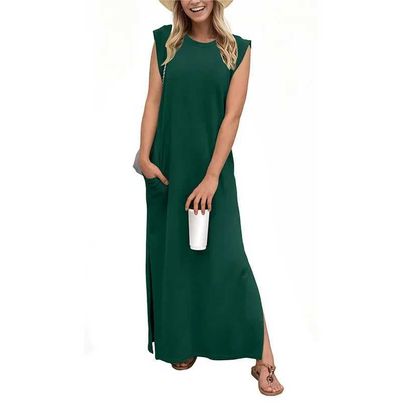 Summer New Loose Long Pocket Hem Split Dress Womens Cross-Border Fashion Sleeveless Dress Origin China Other PatternsXJ250514
