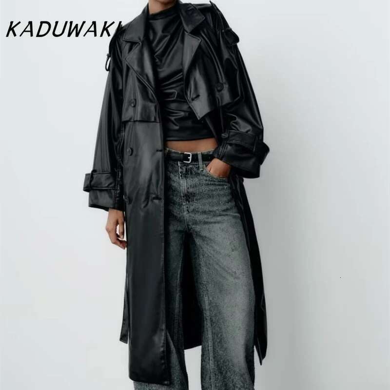 KADUWAKI Spring New European/American Style Commuting Lapel Trench With Belt Faux Leather Loose Long Windbreaker Jackets Female