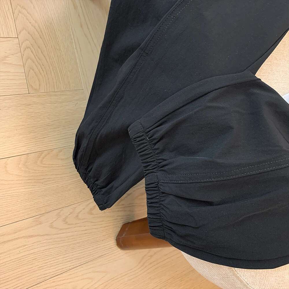 Plus-size women's spring-fall casual commuter slacks Black army green elastic-waist-drawstring pocket straight-leg pants large