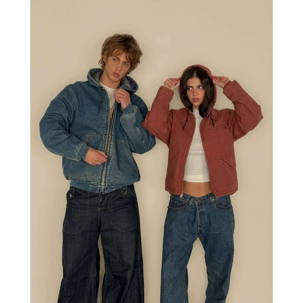 American Retro Washed Old Zip Up Hoodie Men Women Punk Street Style Denim Canvas Jacket Haruku Loose Casual Workwear Coat Y2k Designer