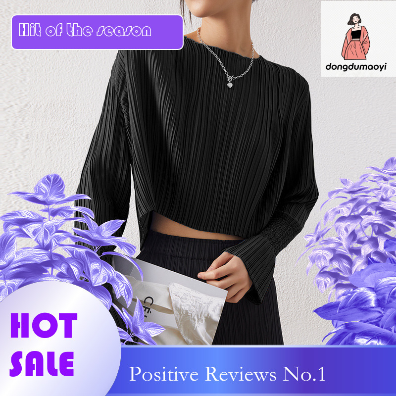 dongdumaoyi Miyake niche chic design long sleeved short top with pleats autumn style women's age reducing and stylish small shirt