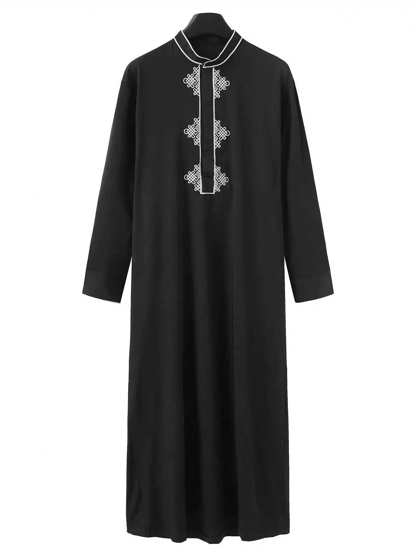 New Muslim Ethnic Mens Robe Black Luxury Embroidered Mens Casual Worship Loose Robe Inner Collar Long Sleeve Robe X250514