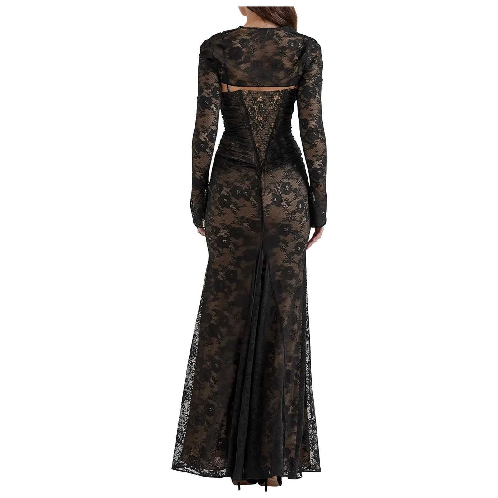 2pcs Elegant Lace See Through Maxi Dress Women Summer Sexy Spaghetti Straps Bodycon Wedding Party Dresses 2025 Split Long DressXJ250514