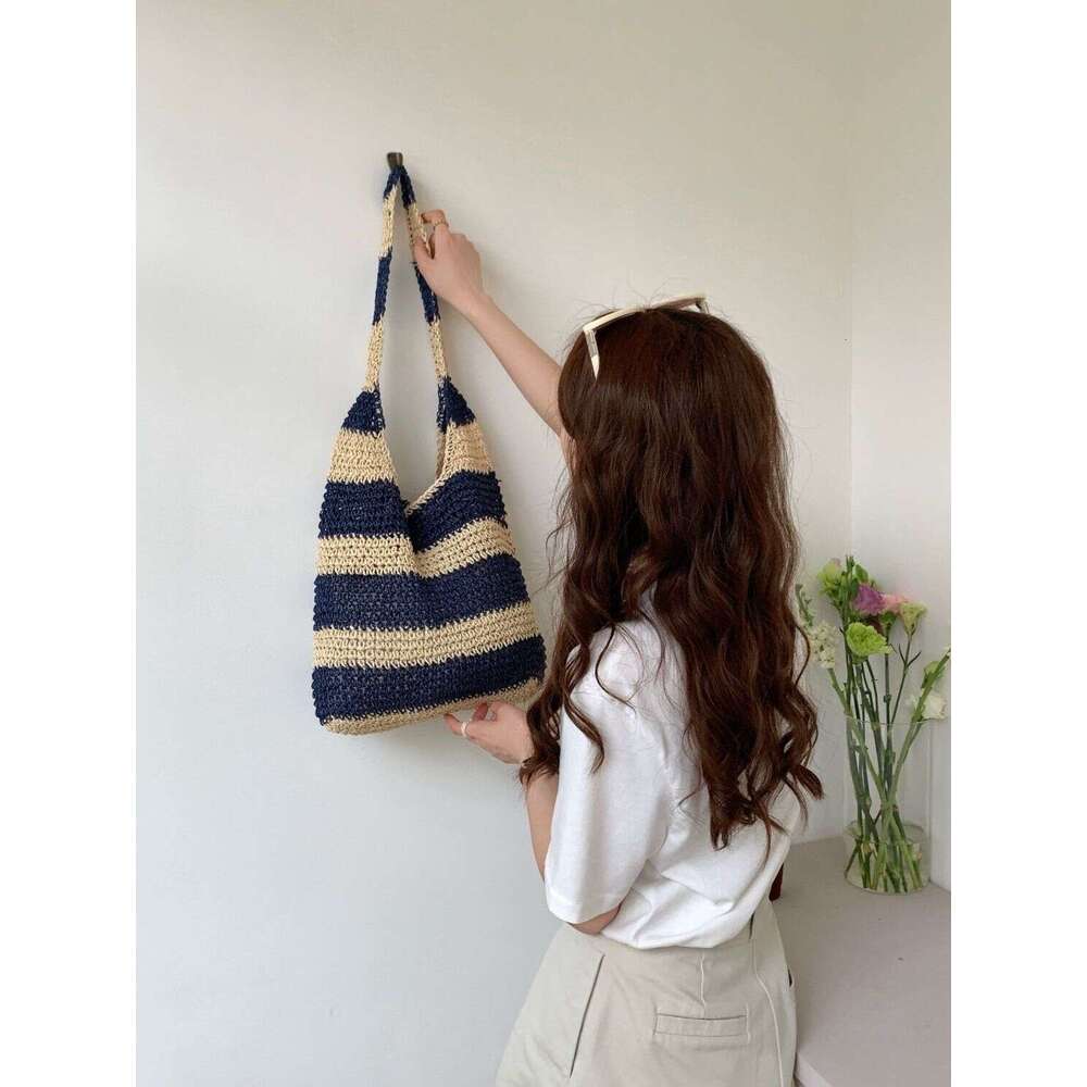 striped single shoulder hand bag large capacity seaside beach vacation woven bag
