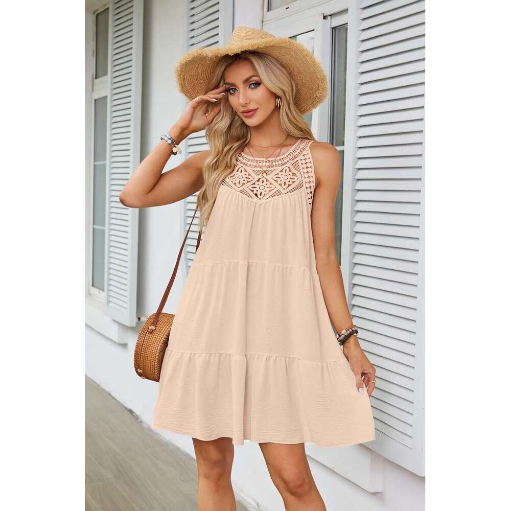 Women Clothes Dress Women S Spring And Summer Hollow Lace Splicing Hanging Neck A Line Dress KQ